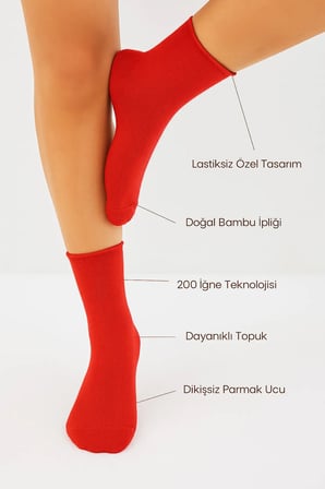 Bambu Kadın Kırmızı Lastiksiz Soket Dikişsiz Premium Çorap 3'Lü Paket Sıkmayan Çorap / İ̇Z Bırakmaz