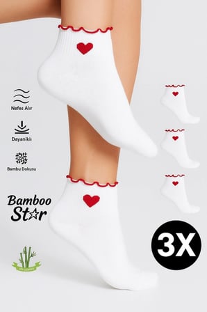 Bambu Kadın Kalp Desenli Fırfırlı Patik Lastiksiz Dikişsiz 3Lü Beyaz Çorap