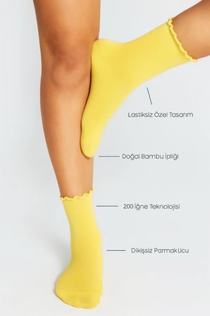 Bambu Kadın Lastiksiz Sarı Fırfırlı Lastiksiz Dikişsiz Sarı Soket Çorap İ̇Z Bırakmaz / Sıkmayan Çorap