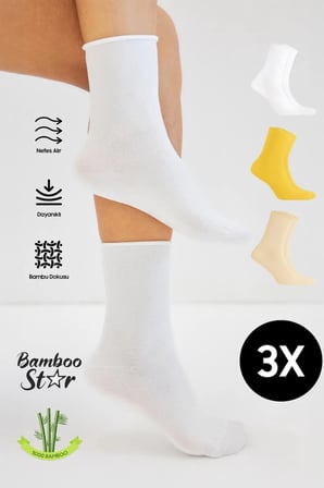 Bambu Kadın Lastiksiz Soket Dikişsiz Premium Çorap 3'Lü Asorti Paket Sıkmayan Çorap / İ̇Z Bırakmaz