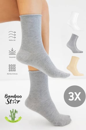Bambu Kadın Lastiksiz Soket Dikişsiz Premium Çorap 3'Lü Asorti Paket Sıkmayan Çorap / İ̇Z Bırakmaz