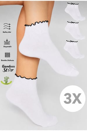 Bambu Kadın Siyah Fırfırlı Patik Lastiksiz Dikişsiz Beyaz Çorap 3Lü Paket