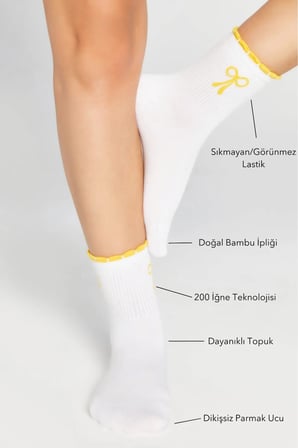 Bambu Kadın Sarı Fırfırlı Tenis Kolej Fiyonk Desenli Premium Dikişsiz Beyaz Soket Çorap 3'Lü Paket