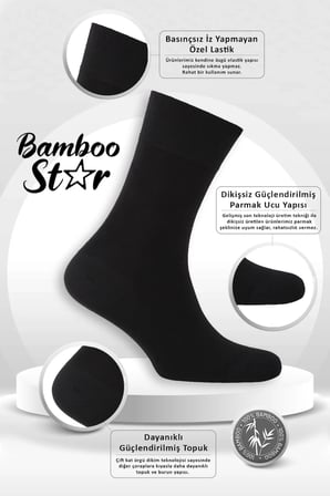 Bambu Erkek Soket Uzun Düz Siyah Dikişsiz 3'Lü Premium Kutulu Çorap