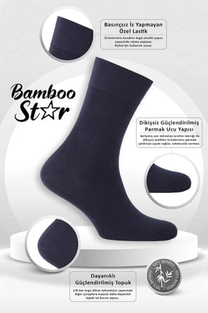 Bambu Erkek Soket Uzun Düz Lacivert Dikişsiz 3'Lü Premium Kutulu Çorap
