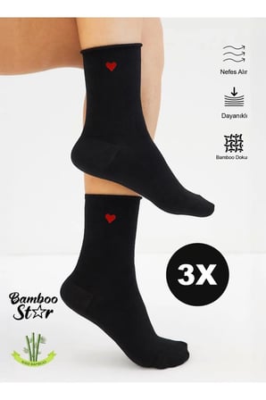Bambu Kadın Kalp Desenli Lastiksiz Siyah Soket Dikişsiz Çorap 3'Lü Paket / Sıkmayan Çorap / İ̇Z Bırakmaz