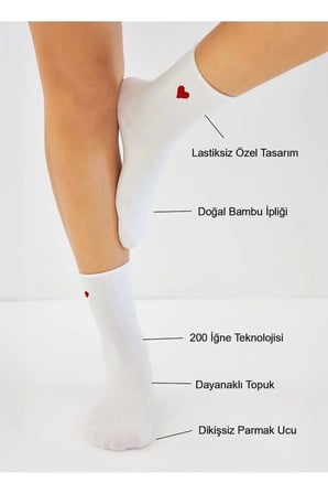 Bambu Kadın Kalp Desenli Lastiksiz Beyaz Soket Dikişsiz Çorap 3'Lü Paket / Sıkmayan Çorap / İ̇Z Bırakmaz
