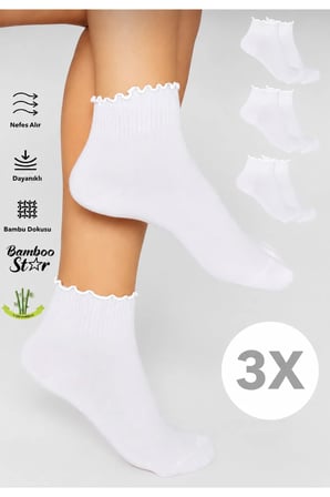 Bambu Kadın Fırfırlı Patik Lastiksiz Dikişsiz Beyaz Çorap 3Lü Paket