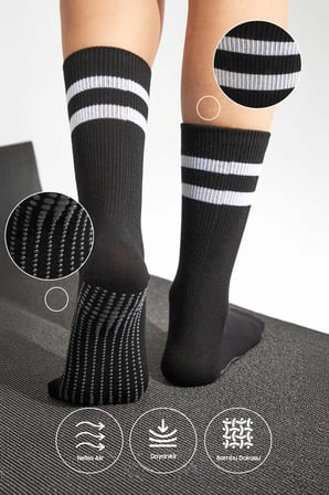 Bambu Kadın Siyah Kaydırmaz Taban Silikon Baskı Yoga Fitness Pilates Bale Dans Tenis Çorabı 3'lü