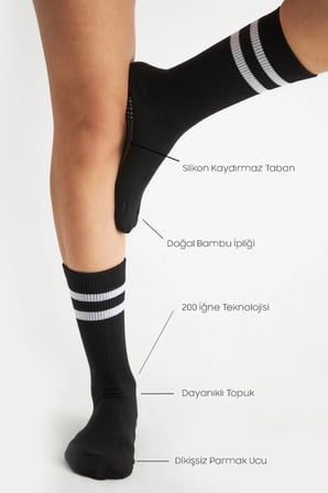 Bambu Kadın Siyah Kaydırmaz Taban Silikon Baskı Yoga Fitness Pilates Bale Dans Tenis Çorabı 3'lü