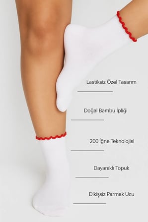 Bambu Kadın Kırmızı Fırfırlı Lastiksiz Dikişsiz Kadın Soket 3Lü Beyaz Çorap / İ̇Z Bırakmazsıkmayan Çorap