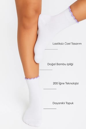 Bambu Kadın Lastiksiz Lila Fırfırlı Lastiksiz Dikişsiz Beyaz Soket Çorap İ̇Z Bırakmaz / Sıkmayan Çorap