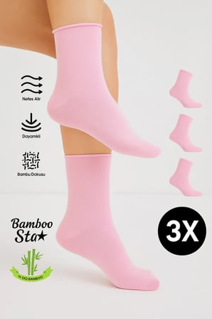 Bambu Kadın Lastiksiz Pembe Soket Dikişsiz Premium Çorap 3'Lü Paket / Sıkmayan Çorap / İ̇Z Bırakmaz