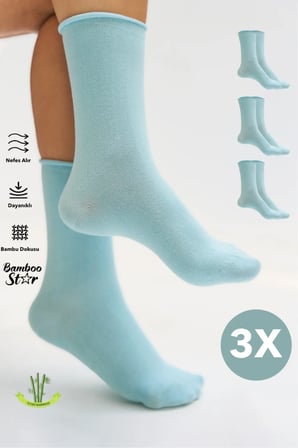 Bambu Kadın Lastiksiz Buz Mavisi Soket Dikişsiz Premium Çorap 3'Lü Paket Sıkmayan Çorap / İ̇Z Bırakmaz