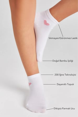 Bambu Kadın Beyaz Yarım Konç Kalp Desenli Dikişsiz Beyaz Çorap 3Lü Paket