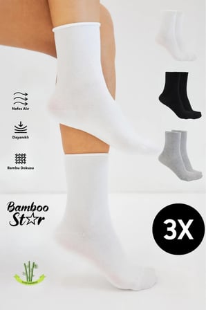 Bambu Kadın Lastiksiz Soket Dikişsiz Premium Çorap 3'Lü Asorti Paket Sıkmayan Çorap / İ̇Z Bırakmaz