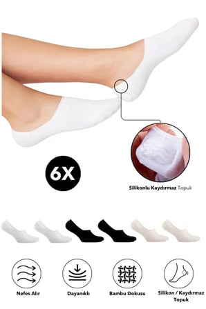 Bambu Kadın Babet Çorap Dikişsiz Görünmez Kaydırmaz Topuk Silikonlu Premium 6'Lı Asorti Paket