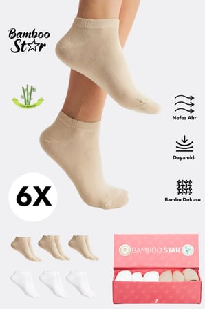 Bambu Kadın Patik Düz Beyaz - Krem Çorap Dikişsiz Premium Kutulu 6'Lı Paket