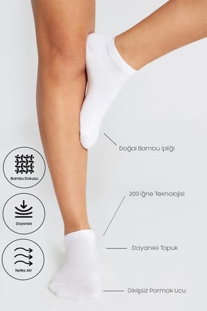 Bambu Kadın Patik Düz Beyaz - Krem Çorap Dikişsiz Premium Kutulu 6'Lı Paket