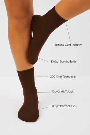 Bambu Kadın Koyu Kahve Lastiksiz Soket Dikişsiz Premium Çorap 3'Lü Paket Sıkmayan Çorap / İ̇Z Bırakmaz