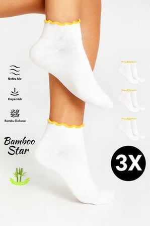 Bambu Kadın Sarı Fırfırlı Patik Lastiksiz Dikişsiz Beyaz Çorap 3Lü Paket