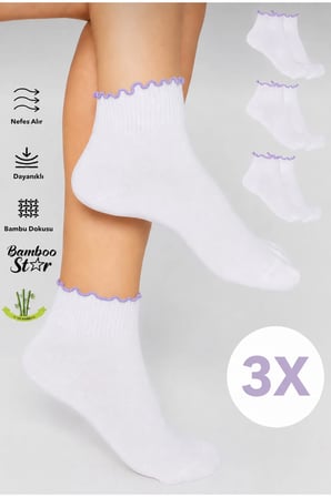 Bambu Kadın Lila Fırfırlı Patik Lastiksiz Dikişsiz Beyaz Çorap 3Lü Paket
