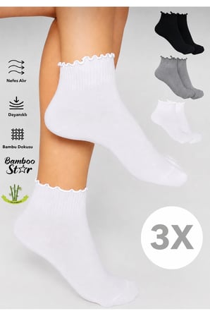 Bambu Kadın Fırfırlı Patik Lastiksiz Dikişsiz Beyaz Çorap 3Lü Asorti Paket