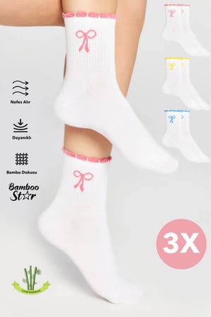 Bambu Kadın Fırfırlı Tenis Kolej Fiyonk Desenli Premium Dikişsiz Soket Çorap 3'Lü Asorti Paket