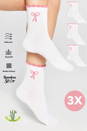 Bambu Kadın Pembe Fırfırlı Tenis Kolej Fiyonk Desenli Premium Dikişsiz Beyaz Soket Çorap 3'Lü Paket