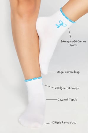 Bambu Kadın Mavi Fırfırlı Tenis Kolej Fiyonk Desenli Premium Dikişsiz Beyaz Soket Çorap 3'Lü Paket