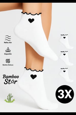 Bambu Kadın Siyah Fırfırlı Kalp Desenli Patik Lastiksiz Dikişsiz Beyaz Çorap 3Lü Paket