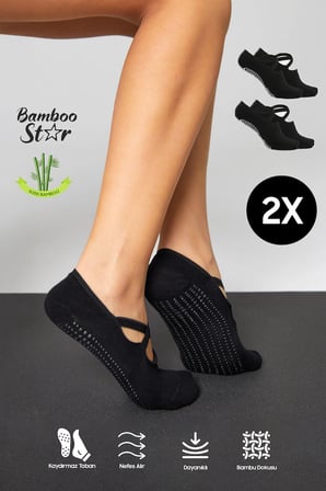 Bambu Kadın Siyah Kaydırmaz Taban Silikon Baskı Pilates Yoga Fitness Dans Aktivite Babet Çorabı 2'Li