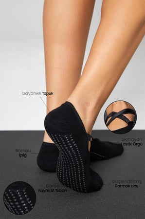 Bambu Kadın Siyah Kaydırmaz Taban Silikon Baskı Pilates Yoga Fitness Dans Aktivite Babet Çorabı 2'Li