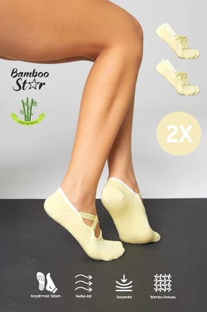 Bambu Kadın Sarı Kaydırmaz Taban Silikon Baskı Pilates Yoga Fitness Dans Aktivite Babet Çorabı 2'Li