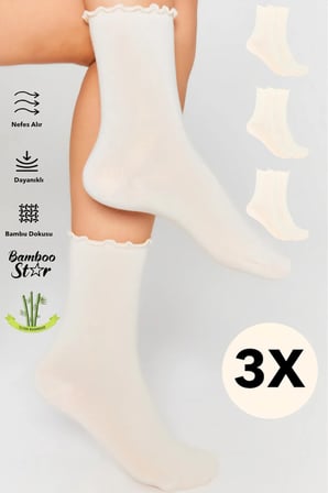 Bambu Kadın Krem Fırfırlı Lastiksiz Dikişsiz Kadın Soket 3Lü Krem Çorap / İ̇Z Bırakmaz / Sıkmayan Çorap