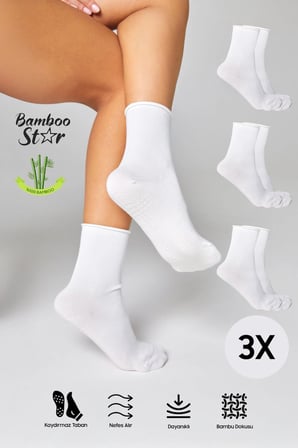 Bambu Kaydırmaz Taban Silikon Baskı Umre Tavaf Umre Hamile Yoga Beyaz Lastiksiz Çorap 3'Lü