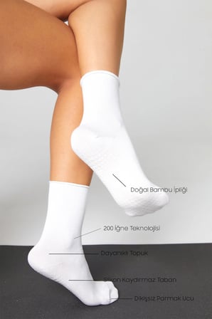 Bambu Kaydırmaz Taban Silikon Baskı Umre Tavaf Umre Hamile Yoga Beyaz Lastiksiz Çorap 3'Lü