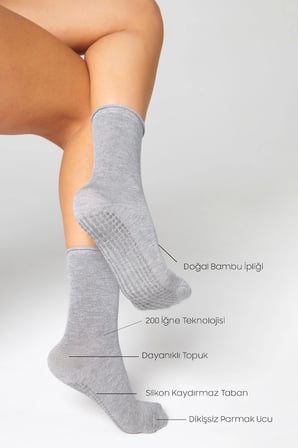 Bambu Kaydırmaz Taban Silikon Baskı Umre Tavaf Umre Hamile Yoga Gri Lastiksiz Çorap 3'Lü