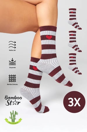 Kadın Gri-Bordo Soket Dikişsiz Kalp Desenli Çorap 3'lü Paket Sıkmayan Çorap / İz Bırakmaz