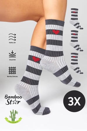 Kadın Gri-Füme Soket Dikişsiz Kalp Desenli Çorap 3'lü Paket Sıkmayan Çorap / İz Bırakmaz