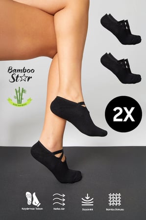 Bambu Kadın Siyah Pilates Yoga Fitness Dans Aktivite Babet Çorabı 2'Li