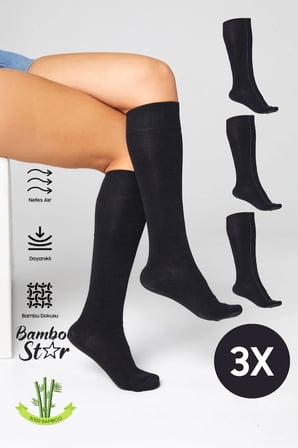 Bambu Kadın Dizaltı Siyah Uzun Yumuşak Dikişsiz Çorap 3'Lü / Pantolon Çorabı / Teni Göstermeyen Çorap