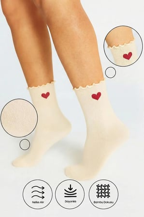 Bambu Kadın Fırfırlı Lastiksiz Kalp Desenli Kadın Soket 3'lü Krem Çorap / İz Bırakmaz / Sıkmayan Çorap