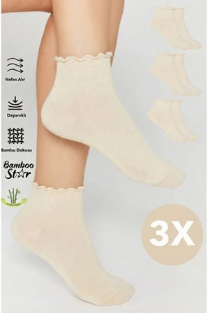 Bambu Kadın Beyaz Patik Lastiksiz Dikişsiz Fırfırlı Krem Çorap 3'Lü Premium Paket