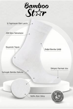 Bambu Erkek Soket Uzun Düz Beyaz Çorap Dikişsiz 6'Lı Premium Kutulu