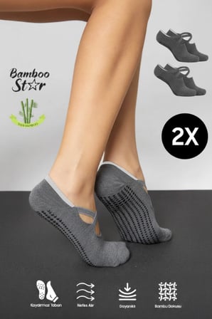 Bambu Kadın Gri Kaydırmaz Taban Silikon Baskı Pilates Yoga Fitness Dans Aktivite Babet Çorabı 2'Li