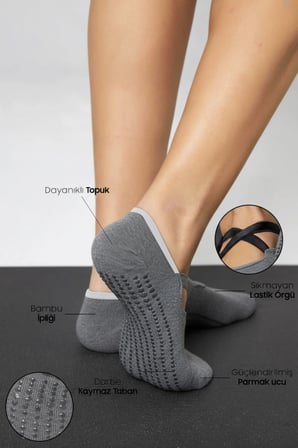 Bambu Kadın Gri Kaydırmaz Taban Silikon Baskı Pilates Yoga Fitness Dans Aktivite Babet Çorabı 2'Li