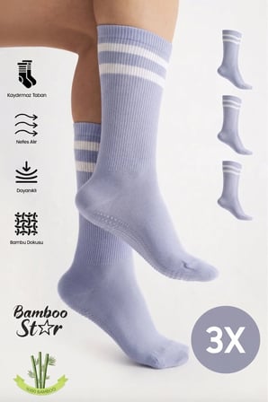 Bambu Kadın Mor Kaydırmaz Taban Silikon Baskı Yoga Fitness Pilates Bale Dans Tenis Çorabı 3'lü