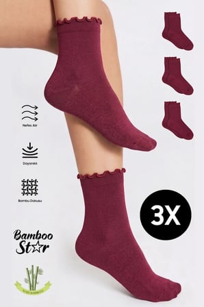 Bambu Kadın Bordo Fırfırlı Lastiksiz Dikişsiz Kadın Soket 3'lü Bordo Çorap / İz Bırakmaz / Sıkmayan Çorap