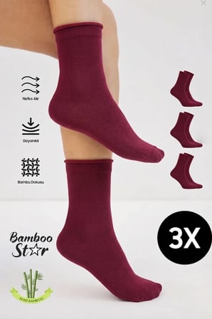 Bambu Kadın Lastiksiz Bordo Soket Dikişsiz Çorap 3'lü Paket / Sıkmayan Çorap / İz Bırakmaz